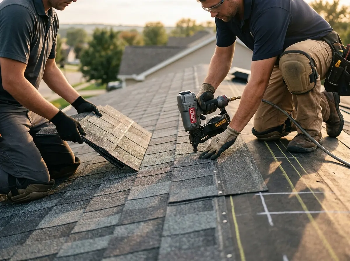 Professional roofer working on a residential roof in Ulysses